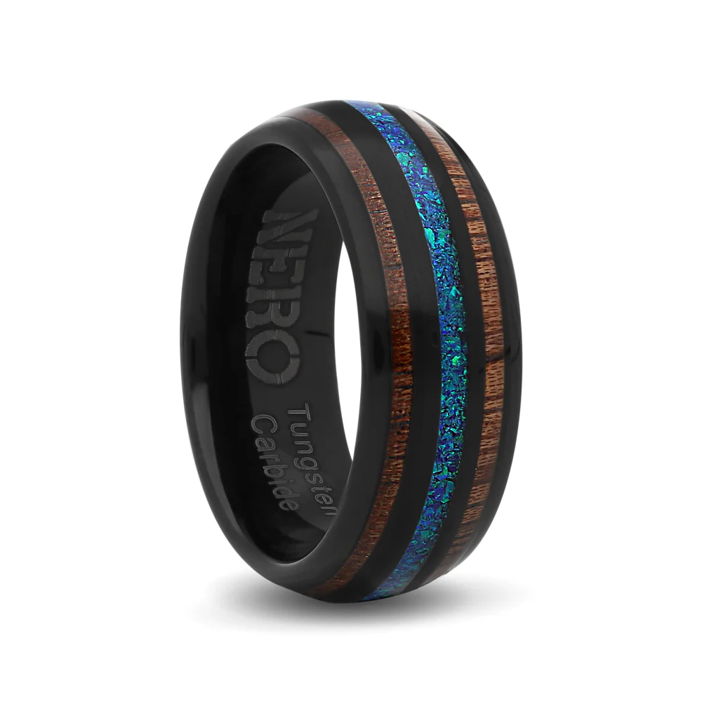 Nero Tungsten blue wood ring